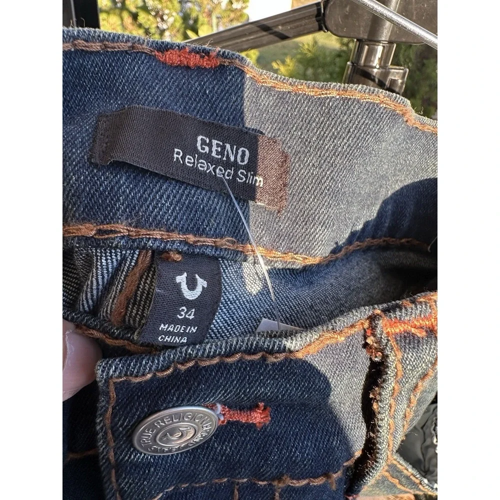 True Religion Men Sz 34x32 Geno SN Flap Relaxed Slim Jeans Blue Denim‎ Orange